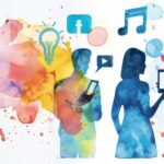 A watercolor illustration depicting the concept of digital communication and collaboration with elements like lightbulb, music note, email and social media icons.