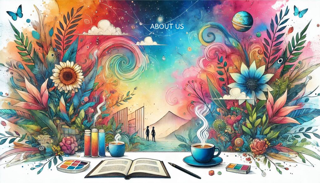 immagine con un libro aperto, con una tazza di caffè, sullo sfondo ci sono due persone stilizzate. l'elemento principale sono delle composizioni floreali che si trovano a destra ed a sinistra nell'immagine