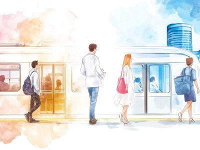 Medical professional on a crowded subway, soft watercolor style, blending into the urban commute.