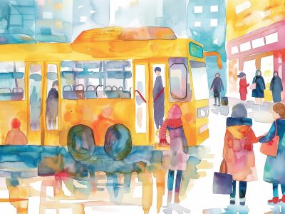 A watercolor painting depicting a yellow city bus with people waiting at the bus stop, symbolizing urban transportation, daily commute, city life, public transit, and waiting for opportunity.